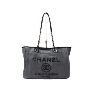 Chanel Deauville Chain Tote Bag Gray Black Canvas Sequins